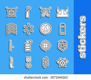 Set Linie Mittelalterlicher Schild mit gekreuzten Achsen, Polizeischild, Patronen, Überquertes mittelalterliches Schwert, militärischer Rang, Holzschwerter und Friedenssymbol. Vektorgrafik
