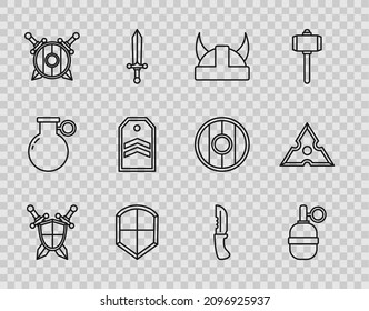 Set Linie Mittelalterliches Schild mit Kreuzschwert, Handgranate, Wiking in Hornhelm, Schild, Holz, Chevron, Militärmesser und japanische Ninja-Shuriken-Ikone. Vektorgrafik