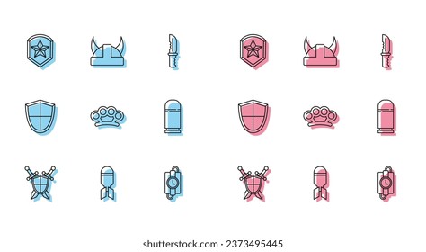 Set line Medieval shield with crossed swords, Aviation bomb, Police badge, dynamite stick and timer clock, Brass knuckles, Cartridges, Shield and Viking in horned helmet icon. Vector
