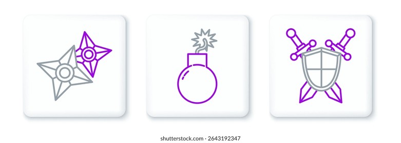 Set line Medieval shield with crossed swords, Japanese ninja shuriken and Bomb ready to explode icon. Vector