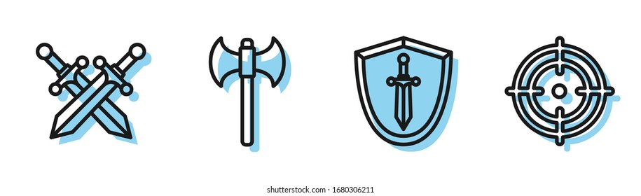 Set line Medieval shield with sword, Crossed medieval sword, Medieval axe and Target sport icon. Vector