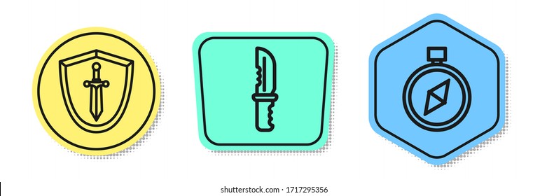 Set line Medieval shield with sword, Military knife and Compass. Colored shapes. Vector