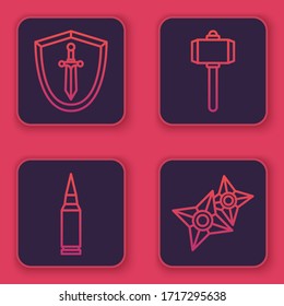 Set line Medieval shield with sword, Bullet, Battle hammer and Japanese ninja shuriken. Blue square button. Vector