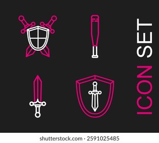 Set line Medieval shield with sword, Baseball bat and crossed swords icon. Vector