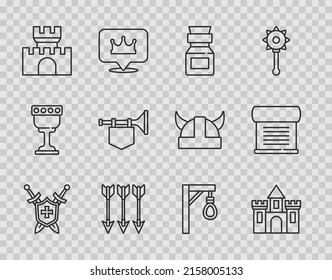 Set line Medieval shield with swords, Castle, fortress, Poison in bottle, Crossed arrows, Trumpet flag, Gallows and Decree, parchment, scroll icon. Vector
