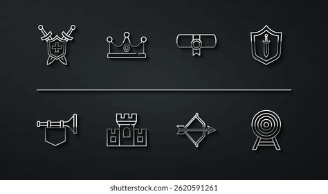 Set line Medieval shield with swords, Trumpet flag, bow and arrow, Castle, fortress, King crown, Target and Decree, parchment, scroll icon. Vector