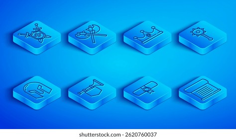 Set line Medieval shield with swords, Crossed medieval axes, King crown, Trumpet flag, Decree, parchment, scroll, chained mace ball, iron helmet and  icon. Vector