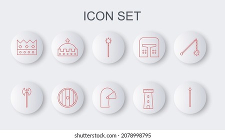 Set Linie Mittelalterliche Speere, Axt, gekettete Ass-Kugel, Schlossturm, Königskrone, Rundhölzernschild und Eisenhelm-Symbol. Vektorgrafik