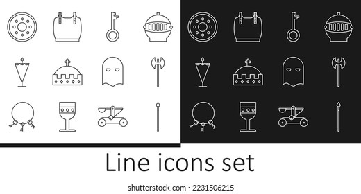 Set line Medieval spear, axe, Old key, King crown, flag, Round wooden shield, Executioner mask and Body armor icon. Vector