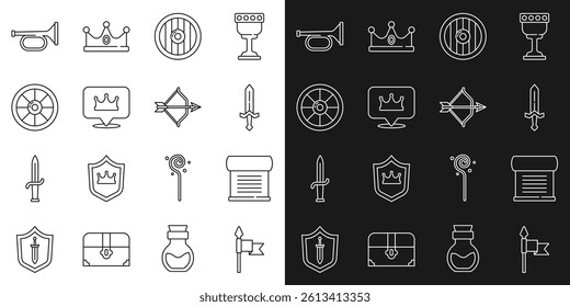Set line Medieval spear, Decree, parchment, scroll, sword, Round wooden shield, Location king crown, Trumpet and bow and arrow icon. Vector