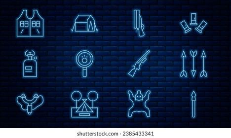 Set line Medieval spear, Hipster arrows, Shotgun, Paw search, Camping gas stove, Hunting jacket,  and Tourist tent icon. Vector