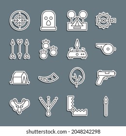 Set line Medieval spear, Pistol or gun, Whistle, Tourist tent, Paw print, Hipster arrows, Target sport and Camping gas stove icon. Vector