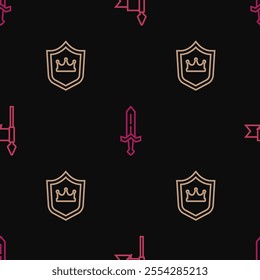 Set line Medieval spear, Shield with crown and sword on seamless pattern. Vector