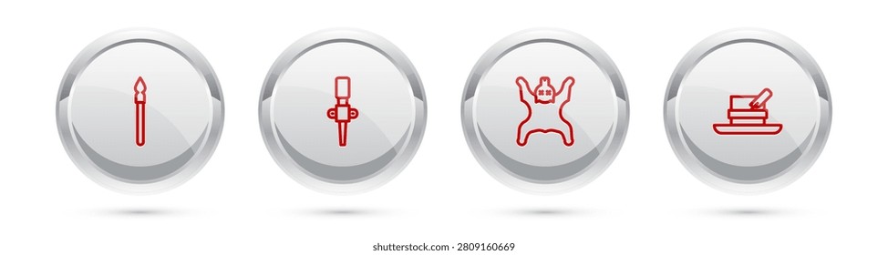 Set line Medieval spear, Torch flame, Bear skin and Hunter hat with feather. Silver circle button. Vector