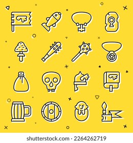 Set line Mittelalterliche Speer, Wikingerbuch, Ketten mit Edelstein, Gesichtsspitzen, Pilz, Fahne und Ikone. Vektorgrafik