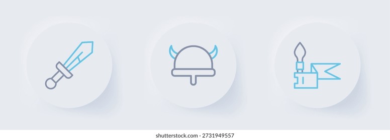 Set línea lanza medieval, vikingo en casco con cuernos e icono de espada. Vector