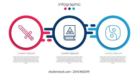 Set line Espada medieval, libro de magia antigua y Yin Yang. Plantilla de infografía de negocios. Vector
