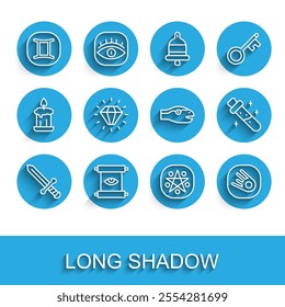 Set line Medieval sword, Ancient magic scroll, Gemini zodiac, Pentagram circle, Comet falling down fast, Diamond, Bottle with potion and Snake icon. Vector