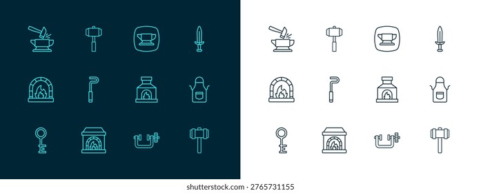Set line Medieval sword, Blacksmith oven, Clamp and screw tool, Fire poker, anvil, Anvil hammer and Sledgehammer icon. Vector