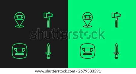 Set line Medieval sword, Blacksmith anvil tool,  and Hammer icon. Vector
