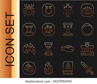 Set Linie Mittelalterliches Schwert, Flasche mit Trank, Ouroboros, christliches Kreuz, Tarot Karten, Zwillinge Tierkreis, Spinne und Becher-Ikone. Vektor