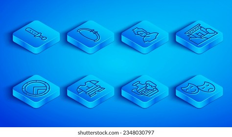 Set line Medieval sword, bow, Ancient bust sculpture, Body armor, Broken amphorae, ruins, Greek shield and Comedy and tragedy masks icon. Vector