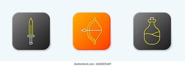 Set línea espada medieval, arco y flecha y botella vieja de icono de vino. Vector