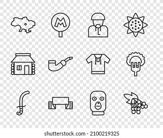 Set line Medieval sword, Branch viburnum, Ukrainian cossack, Embroidered towel, Map of Ukraine, Smoking pipe, Thief mask and Dumplings on fork icon. Vector