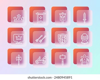 Set line Medieval sword, catapult, Shield, Battle hammer, arrows, flag, King crown and  icon. Vector