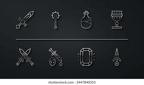 Espada medieval, cruzado medieval, copa, diamante, espada con sangre, bola de maza encadenada, daga y vieja botella de vino icono. Vector