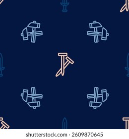 Set line Medieval sword, Crossed hammer and Metallic nails on seamless pattern. Vector