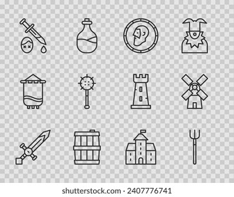 Set line Medieval sword, Garden pitchfork, Ancient coin, Wooden barrel, Sword with blood, chained mace ball, Castle, fortress and Windmill icon. Vector