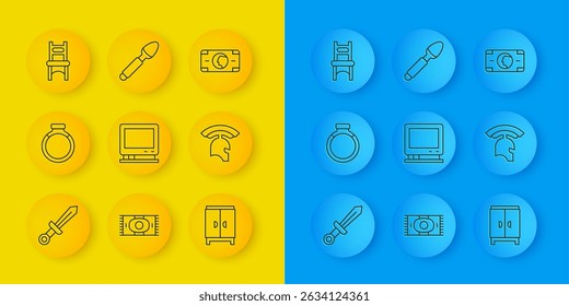 Set line Mittelalterliches Schwert, Goldener Ring, Retro-TV, Kleiderschrank, römischer Armeehelm, Stuhl, Stapel Papiergeld Bargeld und Silberlöffel-Symbol. Vektorgrafik