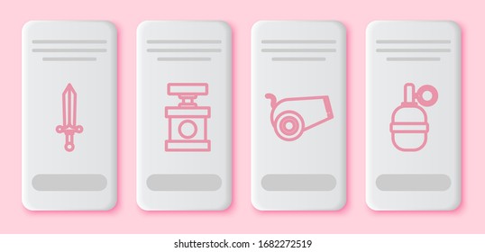 Set line Medieval sword, Handle detonator for dynamite, Cannon and Hand grenade. White rectangle button. Vector