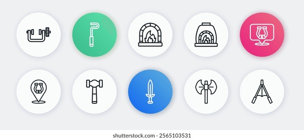 Set line Medieval sword, Horseshoe, poleaxe, Blacksmith oven, Air blower bellows and Hammer icon. Vector