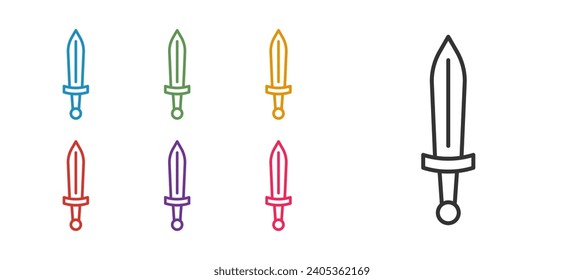 Fijar la línea Icono de espada medieval aislado en fondo blanco. arma medieval. Indique los iconos en colores. Vector