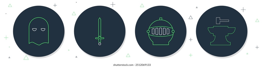 Set line Medieval sword, iron helmet, Executioner mask and Anvil for blacksmithing hammer icon. Vector