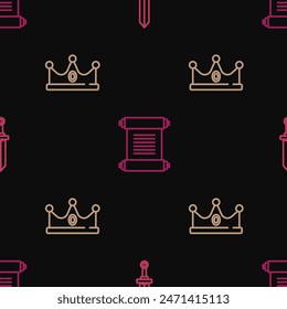 Set line Medieval sword, King crown and Decree, parchment, scroll on seamless pattern. Vector