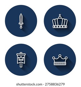 Set line Medieval sword, King crown, flag and  with long shadow. Blue circle button. Vector