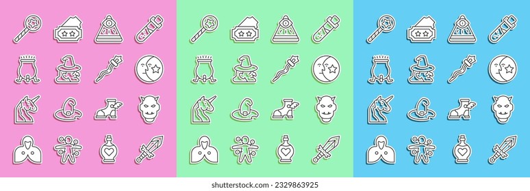 Set line Medieval sword, Mask of the devil with horns, Moon and stars, Masons, Witch, cauldron, Magic wand and staff icon. Vector