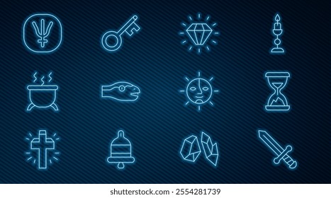Set line Medieval sword, Old hourglass with sand, Diamond, Snake, Witch cauldron, Neptune planet, Sun and key icon. Vector