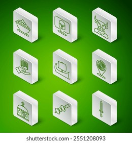 Set line Medieval sword, Olive and cheese on chopstick, Olives in bowl, Greek trireme, Ancient column, helmet, Santorini building and Minotaur labyrinth icon. Vector