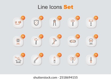 Set line Espada medieval, polea, lima de metal Rasp, antorcha de soldadura, yunque y martillo, herramienta de yunque de herrería, gafas e icono de clavos metálicos. Vector