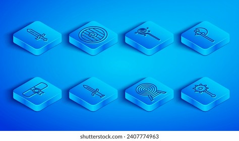 Set line Medieval sword, Round wooden shield, Magic staff, Dagger, Target with arrow, axe, Decree, parchment, scroll and chained mace ball icon. Vector