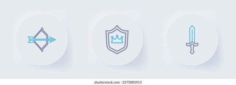 Set line Medieval sword, Shield with crown and bow and arrow icon. Vector