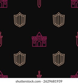 Definir linha Espada medieval, Escudo e Castelo, fortaleza em padrão sem costura. Vetor