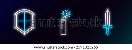 Set line Medieval sword, Shield and Dynamite bomb stick clock icon. Glowing neon. Vector
