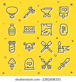 Set line Medieval sword, spear, Magic rune, Anvil for blacksmithing, King crown, Whiskey bottle, Necklace with gem and Folded map icon. Vector