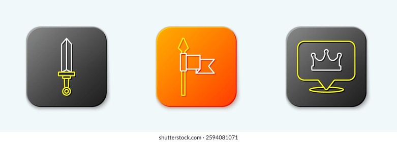 Set line Medieval sword, spear and Location king crown icon. Vector