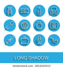 Set line Medieval sword, Suitcase, Chair, Microphone, Smoking pipe, Ancient coin, Butterfly frame and Gold ring icon. Vector